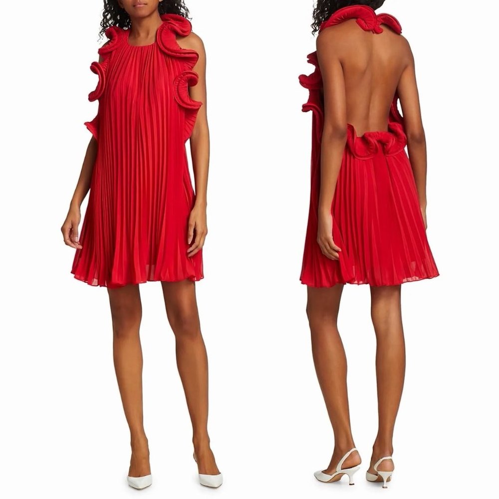 Amur MIMI Chiffon Ruffle Pleated Halter Backless Swing Open Back Mini Dress